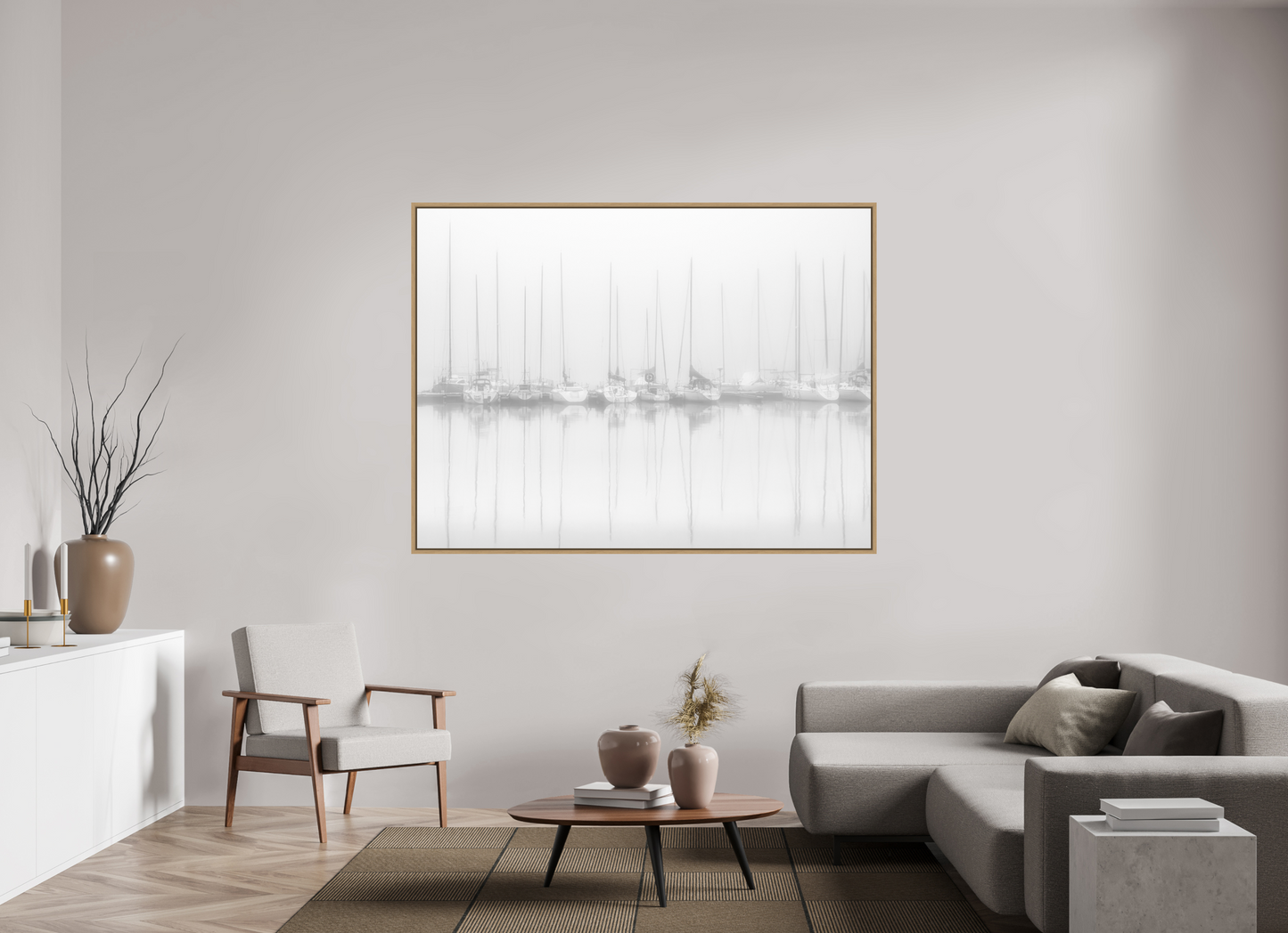 180 x 135 cm, Impression sur support rigide (Forex) avec cadre élégant type “caisse américaine” Voiliers au port par temps de brume – Photo atmosphérique