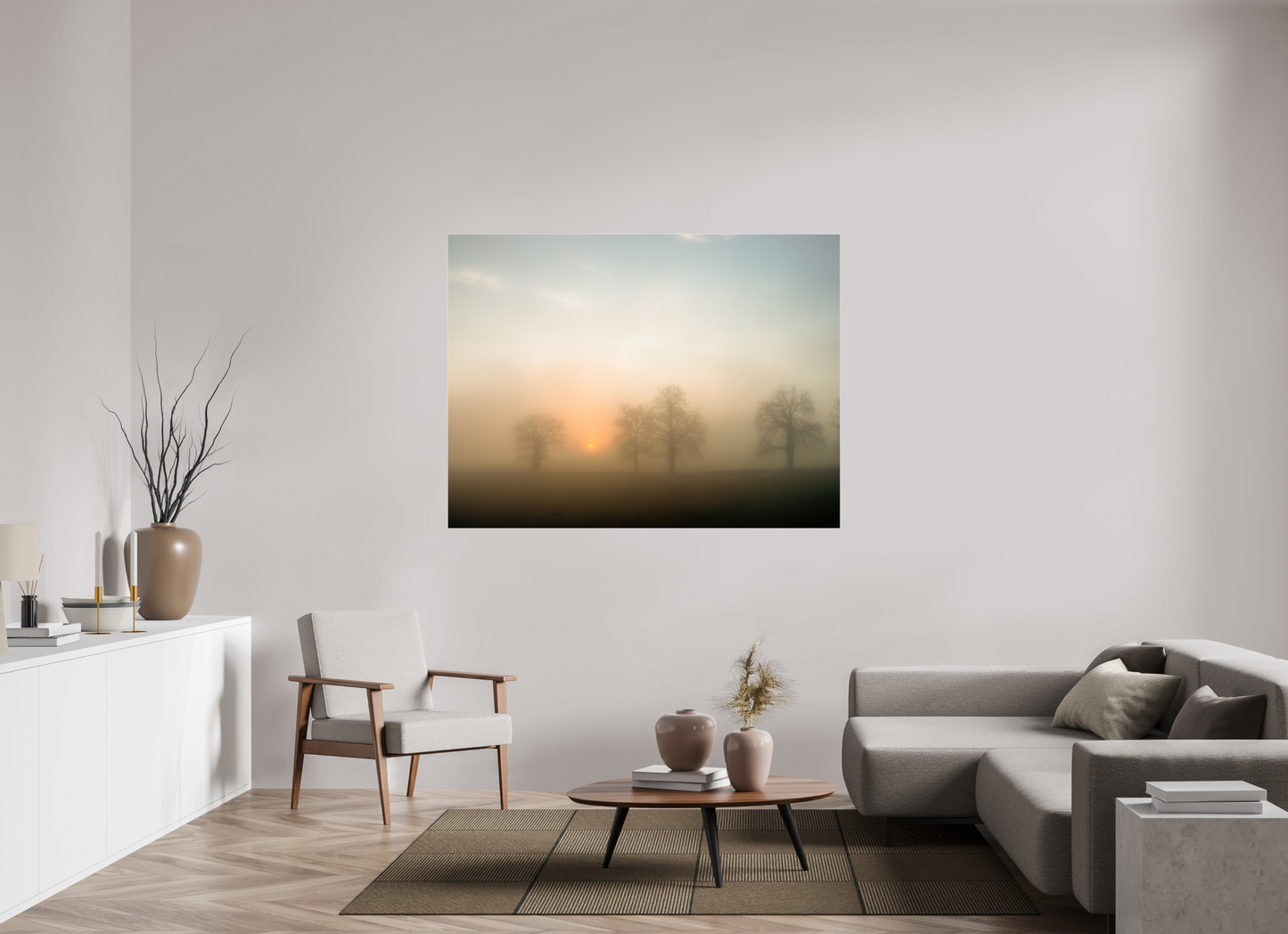 160 x 120 cm, Tirage couleur sur support solide en aluminium, recouvert d’une protection transparente (plexiglas). Brume dorée au lever du soleil