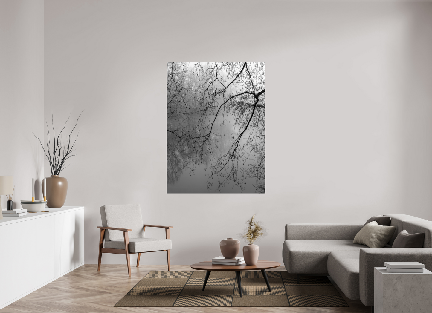 120 x 160 cm, Tirage noir et blanc sur plaque alu, avec une protection en plexiglass (durabilité-profondeur) Tirage photo minimaliste de branches dans la brume