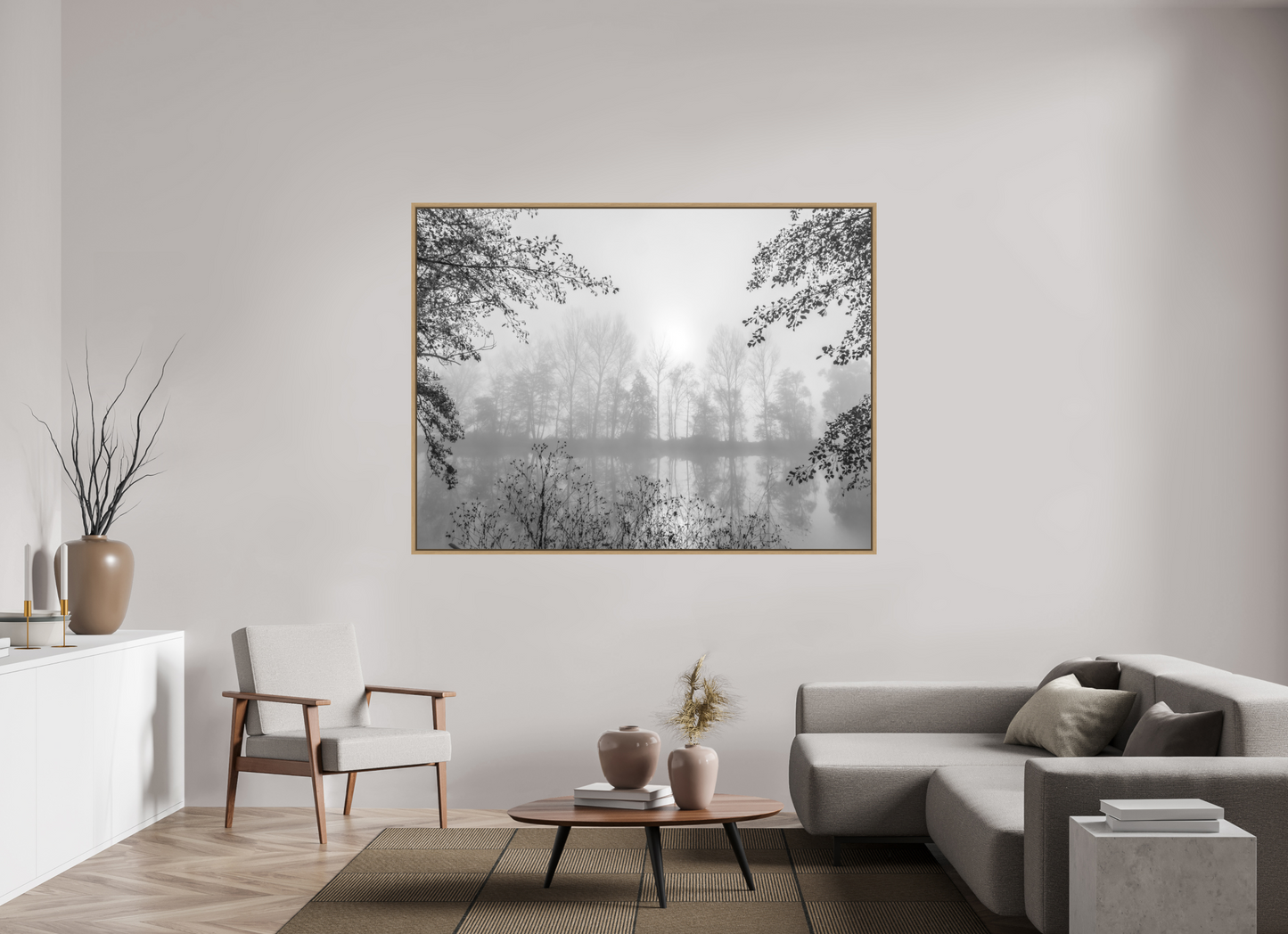 180 x 135 cm, Impression sur support rigide (Forex) avec cadre élégant type “caisse américaine” Sérénité Photo de paysage poétique au bord de l’eau – Nature & zen