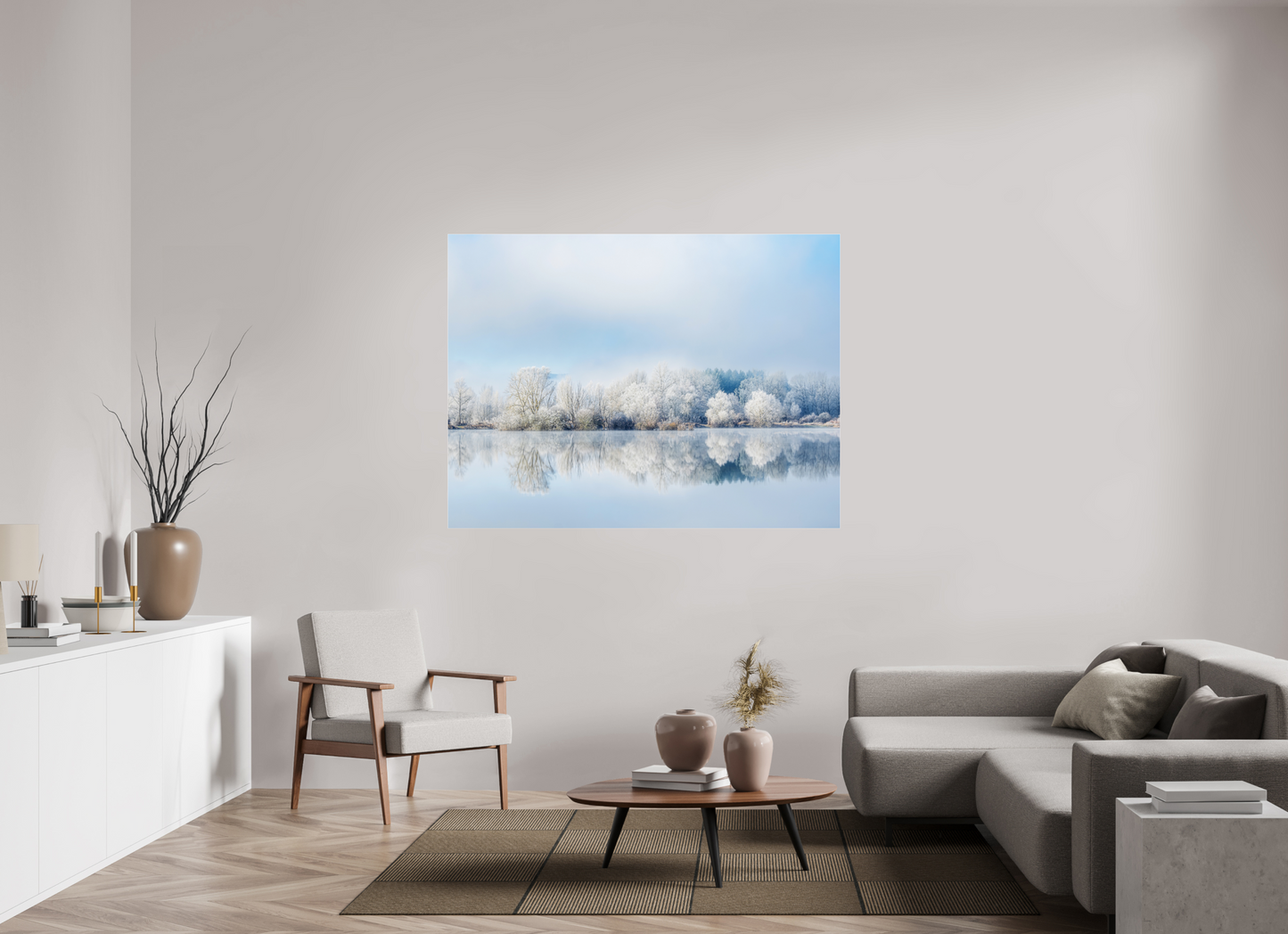 160 x 120 cm, Tirage couleur sur support solide en aluminium, recouvert d’une protection transparente (plexiglas). Miroir, si beau miroir Photographie paysage d’hiver serein en couleur