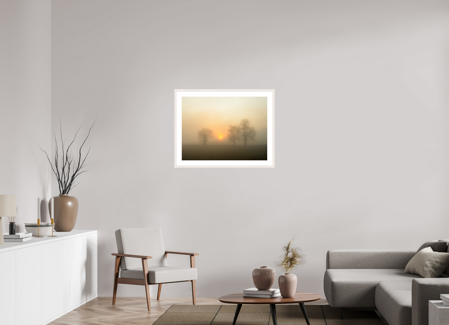 80 x 60 cm, Tirage Fine Art 30×40 cm — Passe-partout — Cadre Brume dorée au lever du soleil – Trois arbres dans la lumière