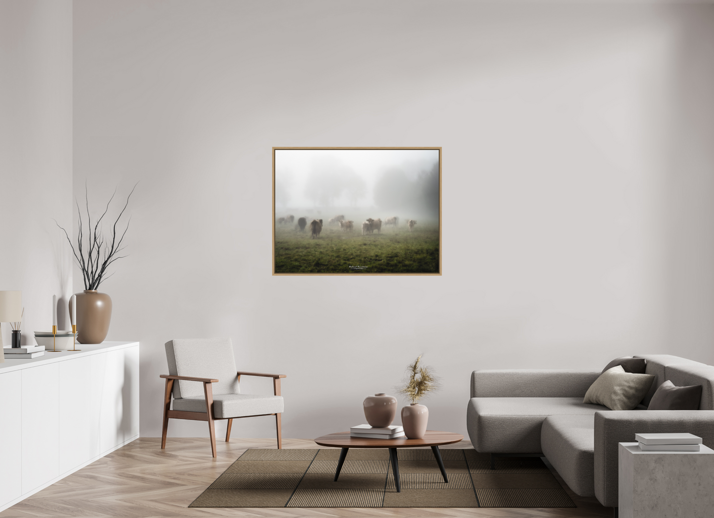 120 x 90 cm, Impression sur support rigide (Forex) avec cadre élégant type “caisse américaine” Brume Matinale et Troupeau Paisible | Tirage Photo Fine Art