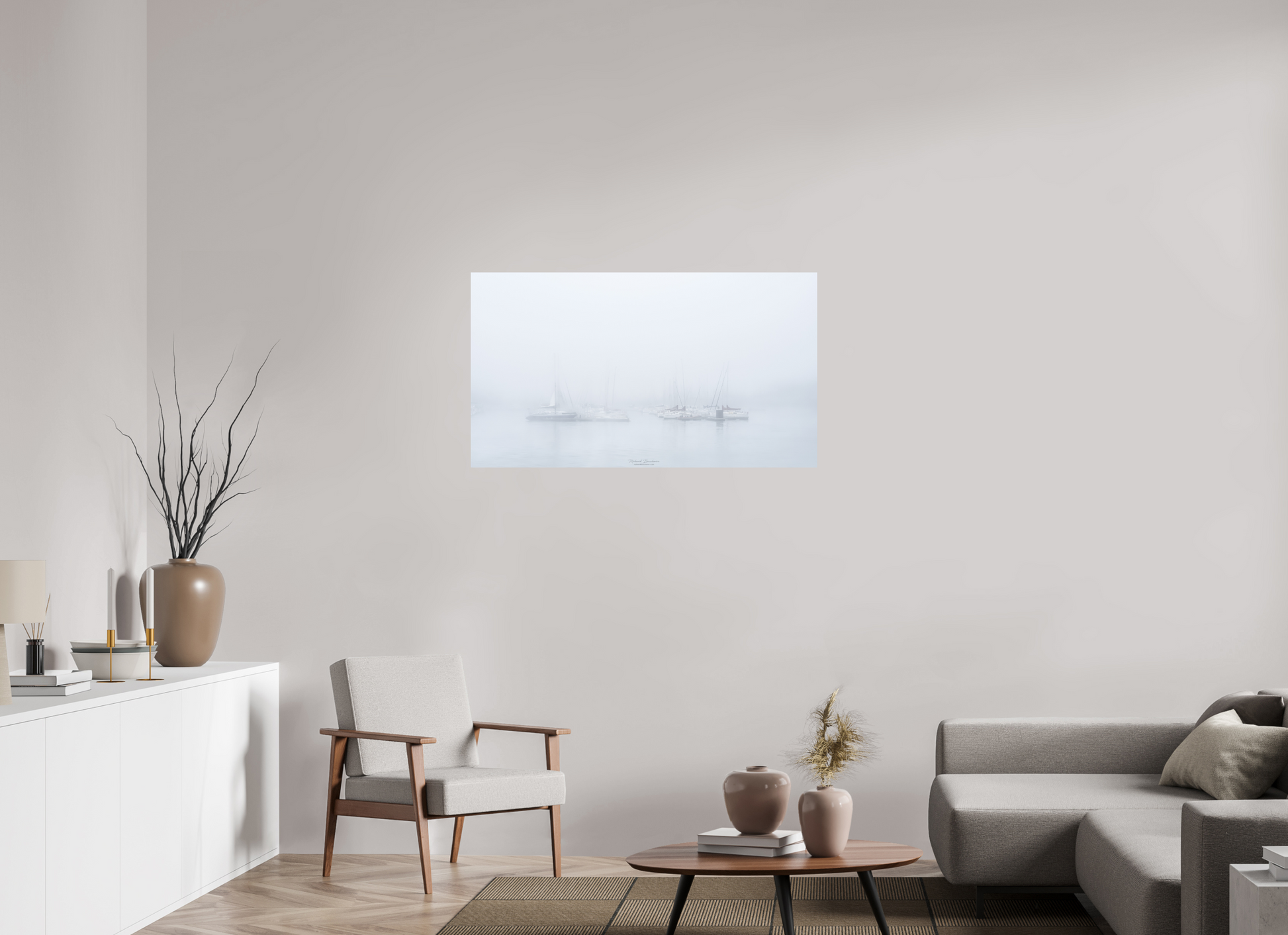 112 x 63 cm, Impression directe couleur ou noir et blanc sur plaque d'aluminium (Solidité-Durabilité) Mâts et brume – paysage marin apaisant