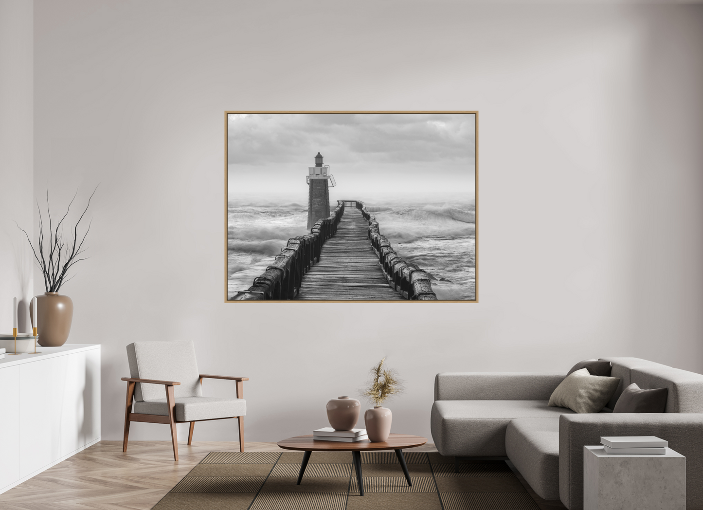 180 x 135 cm, Impression sur support rigide (Forex) avec cadre élégant type “caisse américaine” Estacade de Capbreton | Photographie paysage hivernal marin artistique en noir et blanc