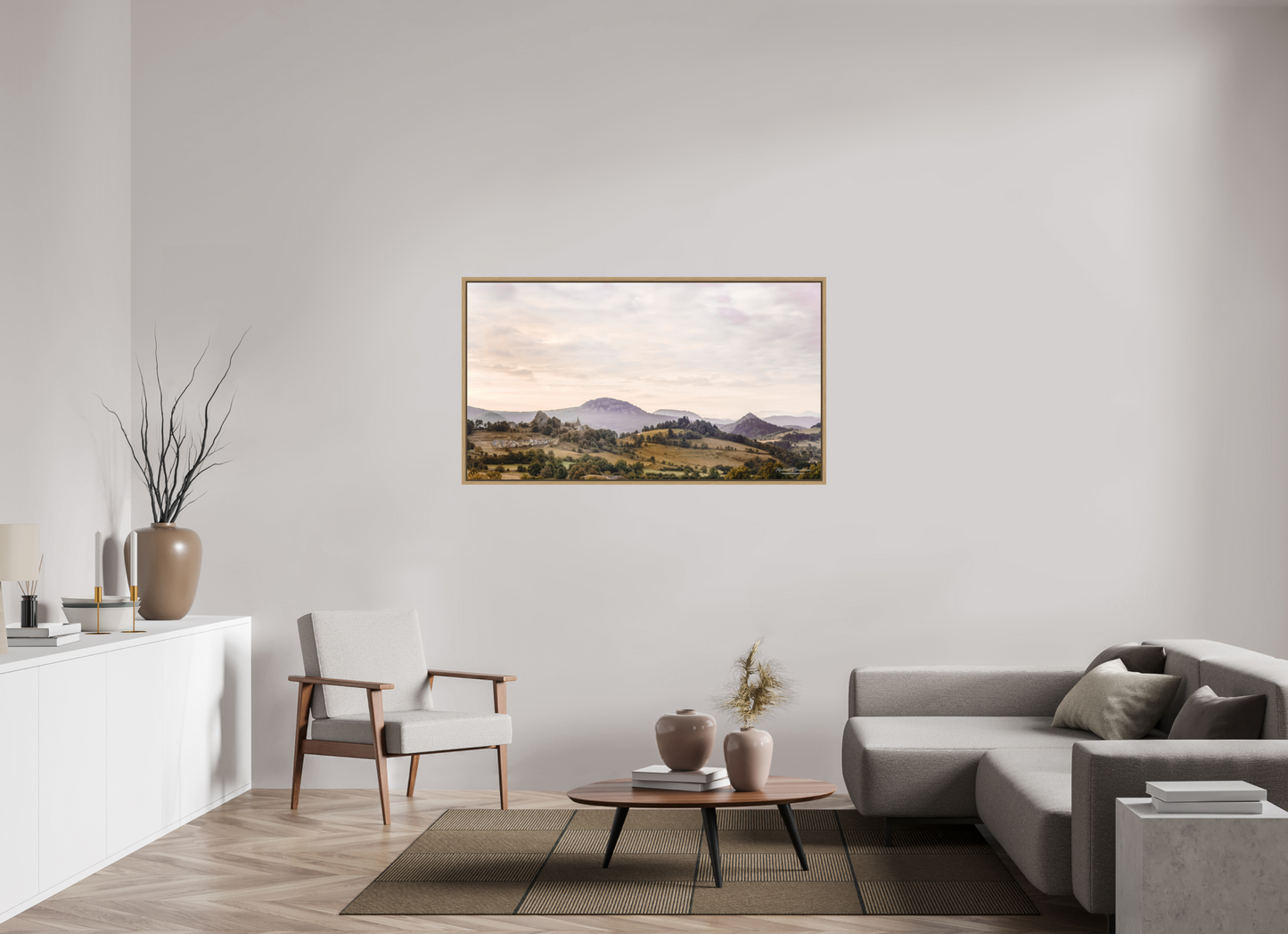 143,8 x 80 cm, Impression sur support rigide (Forex) avec cadre élégant type “caisse américaine” Le village - Queyrières - Haute Loire - Auvergne - France