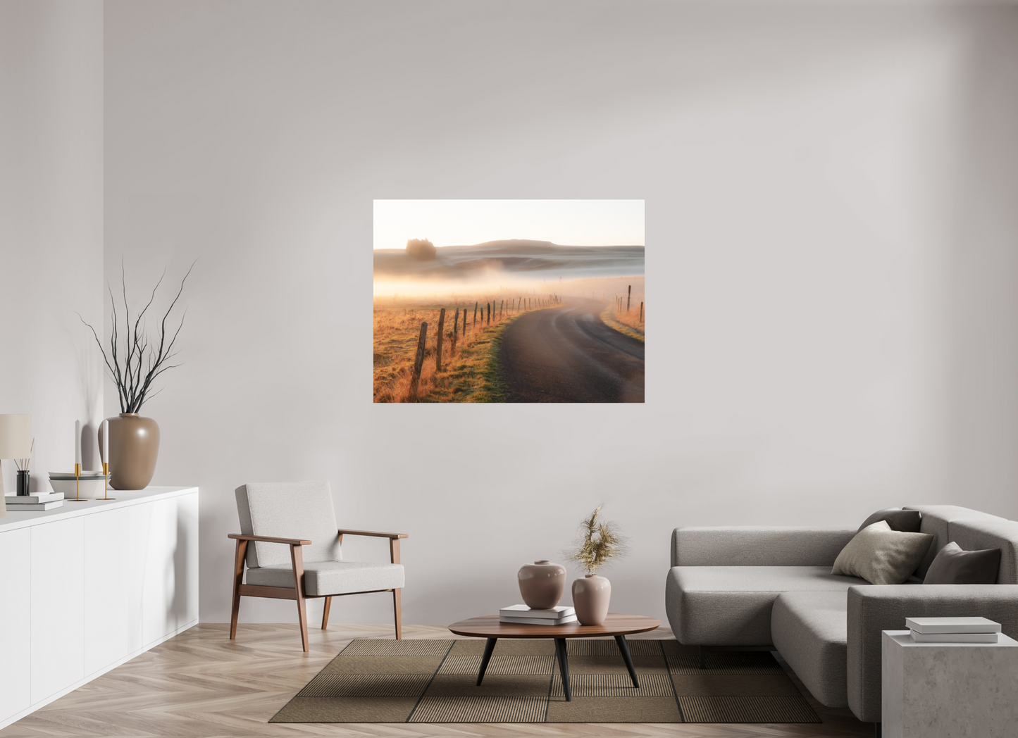 140 x 105 cm, 6- Impression directe couleur ou noir et blanc sur Alu Dibond + système de fixation Route dans la brume dorée