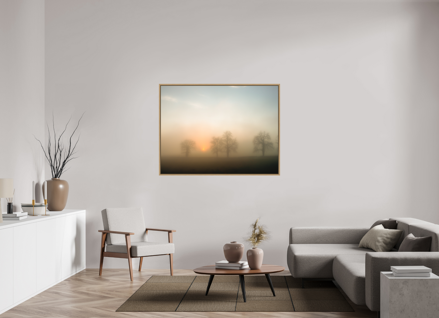 140 x 105 cm, Impression sur support rigide (Forex) avec cadre élégant type “caisse américaine” Brume dorée au lever du soleil