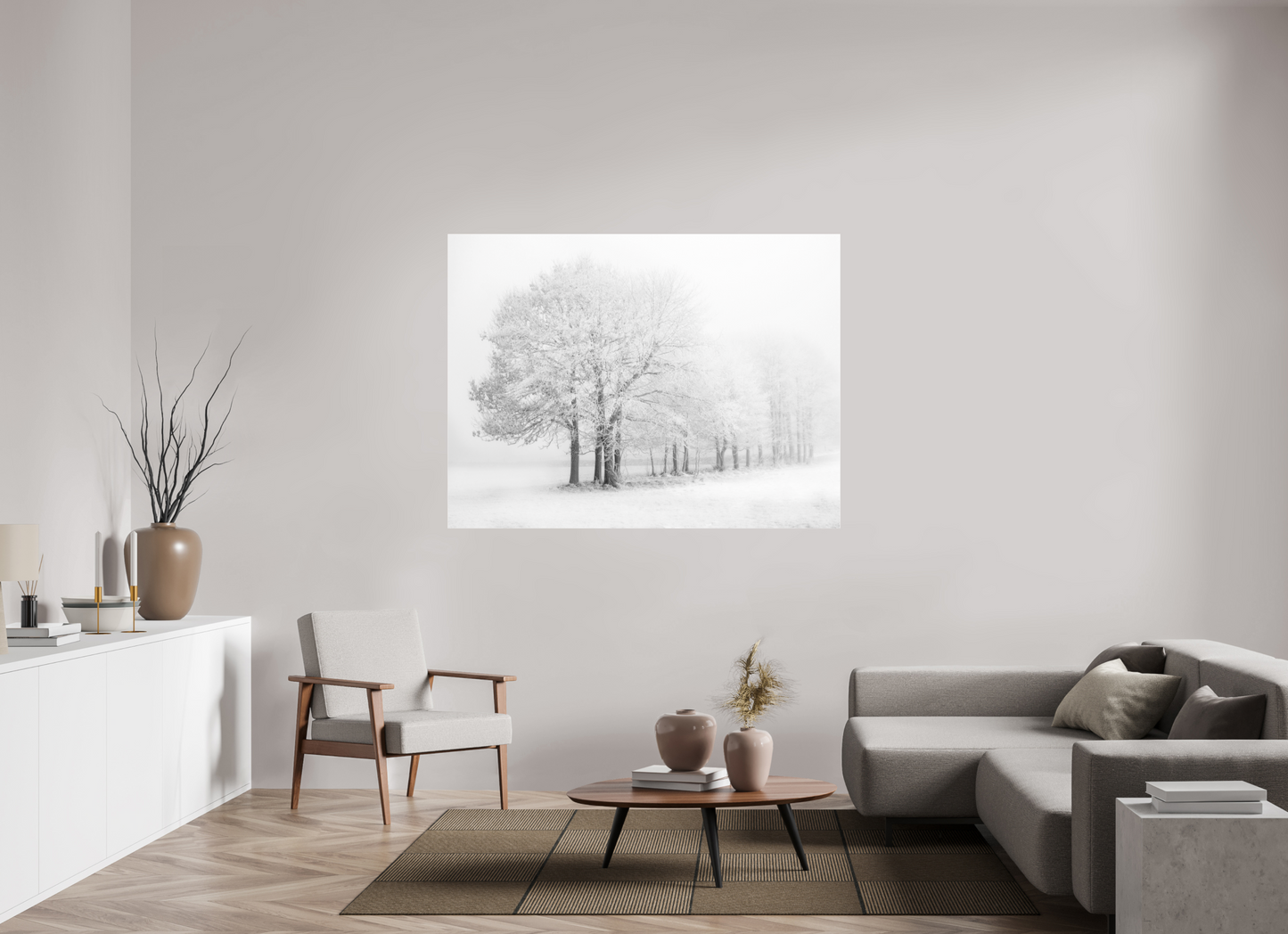 160 x 120 cm, Tirage noir et blanc sur plaque alu, avec une protection en plexiglass (durabilité-profondeur) Arbres givrés dans un paysage enneigé et brumeux