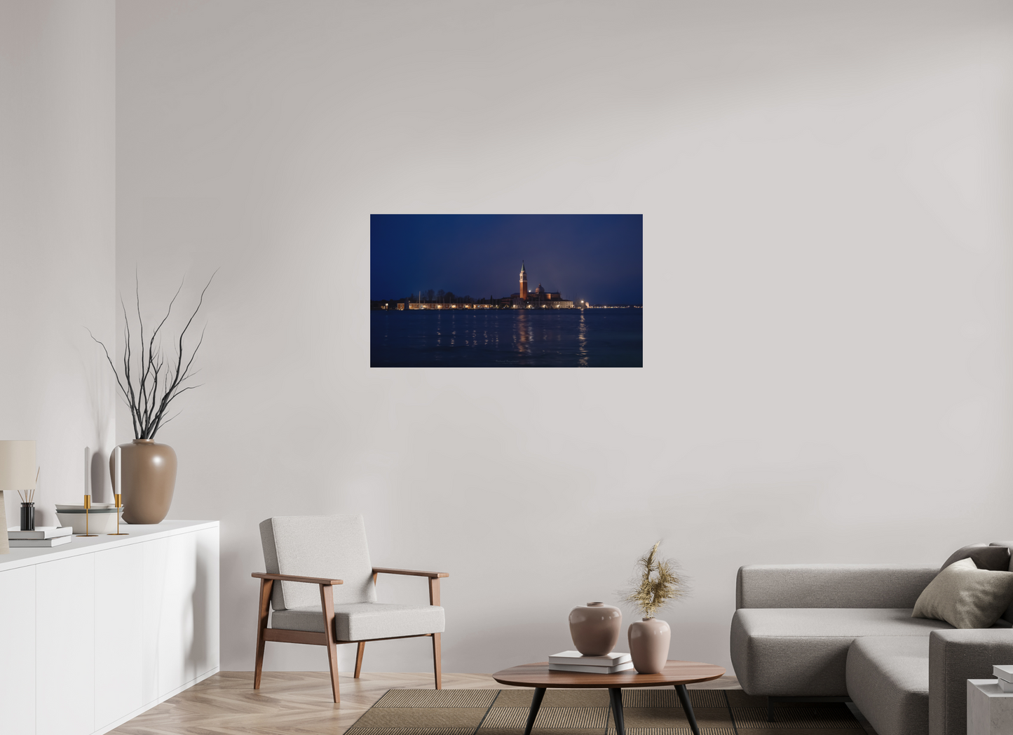 112 x 63 cm, Impression directe couleur ou noir et blanc sur plaque d'aluminium (Solidité-Durabilité) Venice Nocturne – Lights of San Giorgio Maggiore