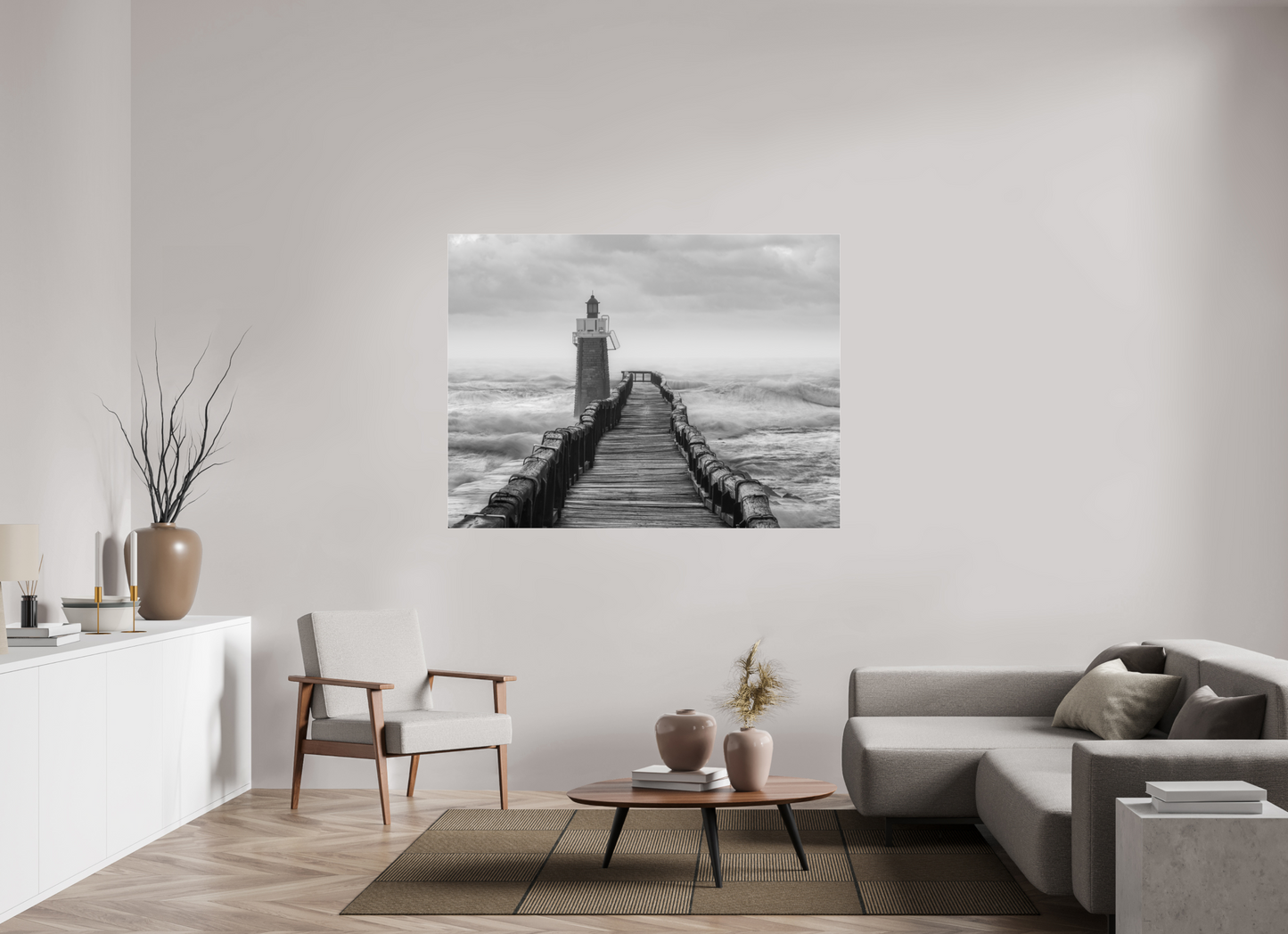 160 x 120 cm, Tirage noir et blanc sur plaque alu, avec une protection en plexiglass (durabilité-profondeur) Estacade de Capbreton | Photographie paysage hivernal marin artistique en noir et blanc