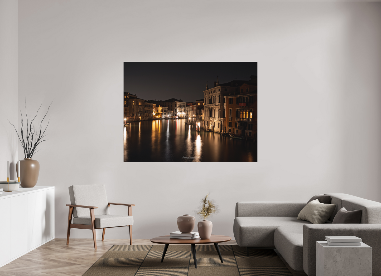 180 x 135 cm, Impression directe couleur ou noir et blanc sur plaque d'aluminium (Solidité-Durabilité) Venise by night – Reflets dorés sur le Grand Canal