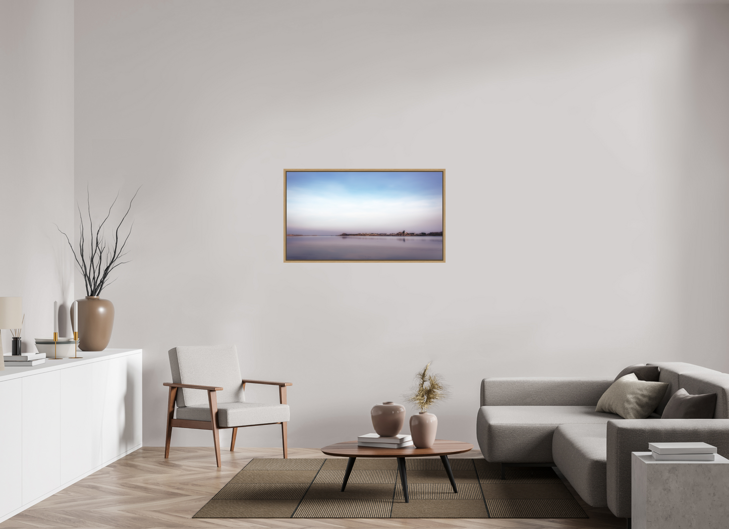 112 x 63 cm, Impression sur support rigide (Forex) avec cadre élégant type “caisse américaine” Aube pastel sur le littoral breton