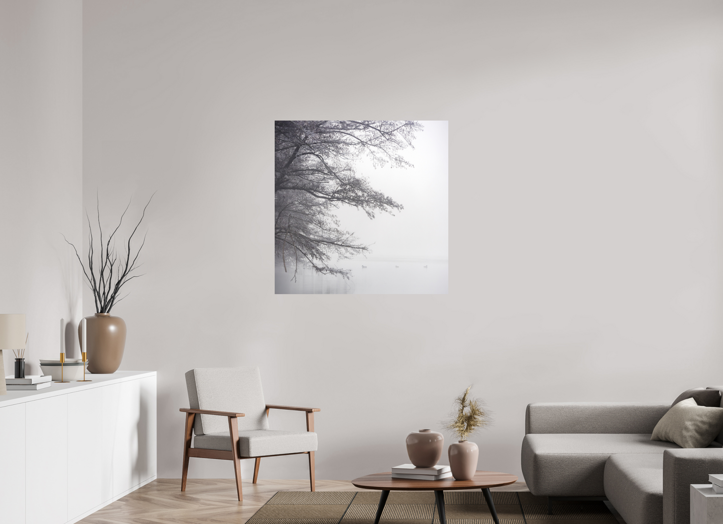 100 x 100 cm, Impression directe couleur ou noir et blanc sur plaque d'aluminium (Solidité-Durabilité) Au petit matin, dans la brume | Photographie paysage hivernal minimaliste noir et blanc