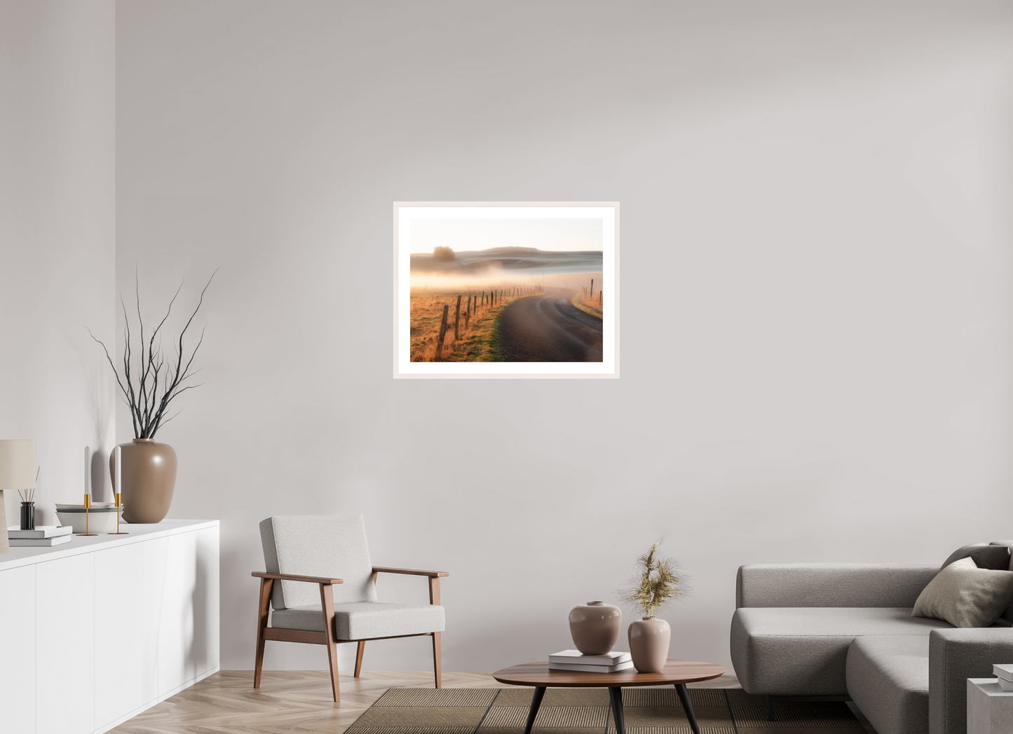80 x 60 cm, Tirage Fine Art 30×40 cm — Passe-partout — Cadre Route dans la brume dorée