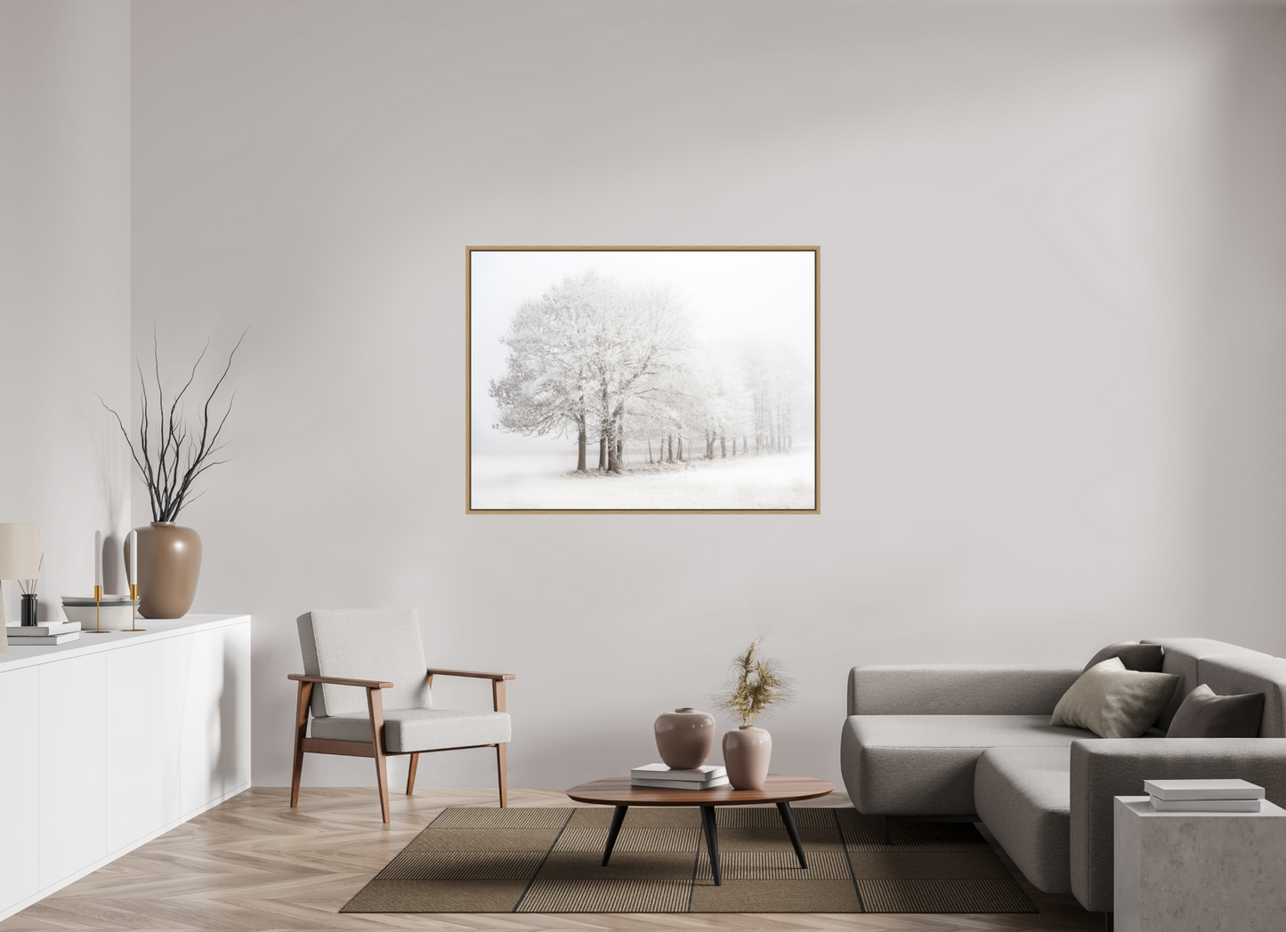 140 x 105 cm, Impression sur support rigide (Forex) avec cadre élégant type “caisse américaine” Arbres givrés dans un paysage enneigé et brumeux