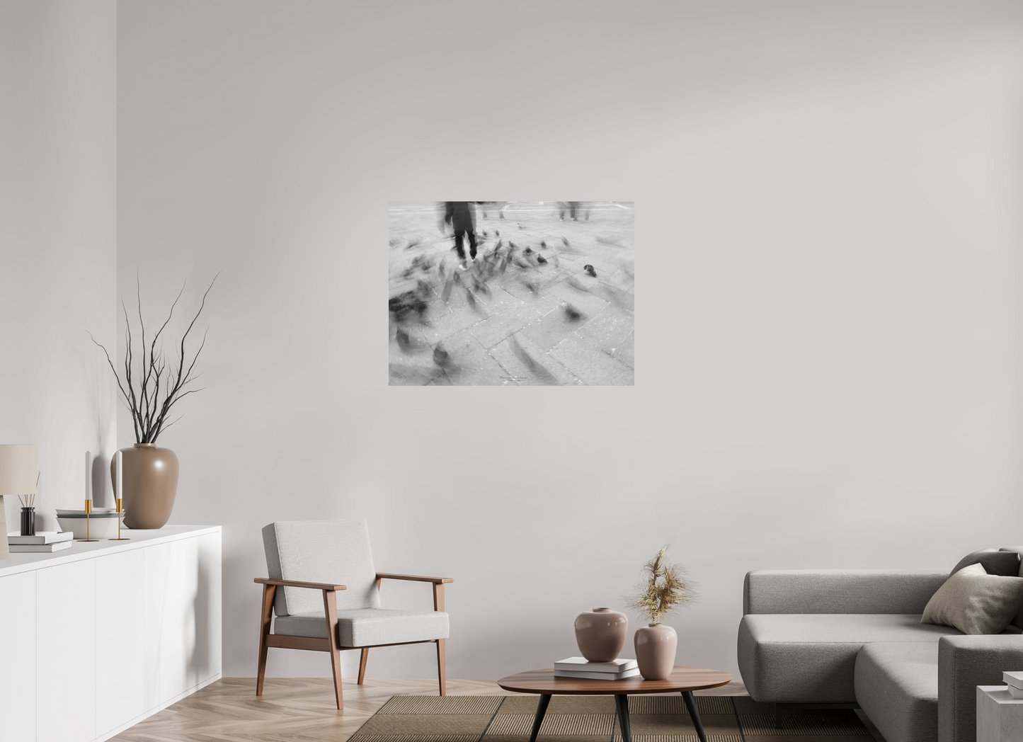 100 x 75 cm, Impression directe couleur ou noir et blanc sur plaque d'aluminium (Solidité-Durabilité) Les pigeons de la place St Marc – Photographie en noir et blanc