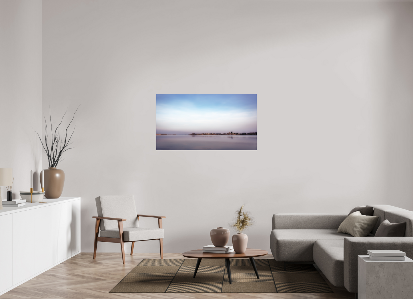 128 x 72 cm, Tirage couleur sur support solide en aluminium, recouvert d’une protection transparente (plexiglas). Aube pastel sur le littoral breton