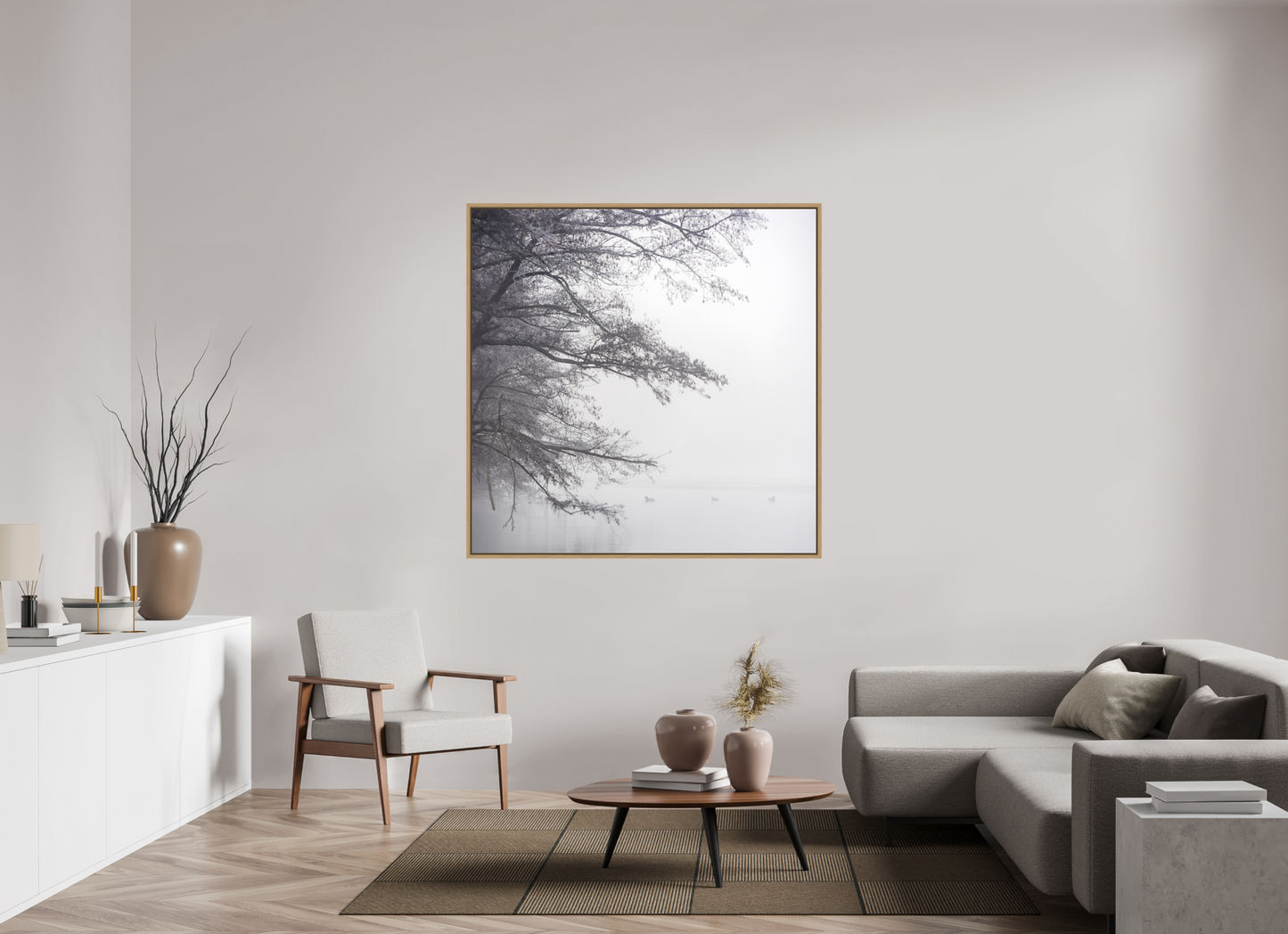 140 x 140 cm, Impression sur support rigide (Forex) avec cadre élégant type “caisse américaine” Au petit matin, dans la brume | Photographie paysage hivernal minimaliste noir et blanc