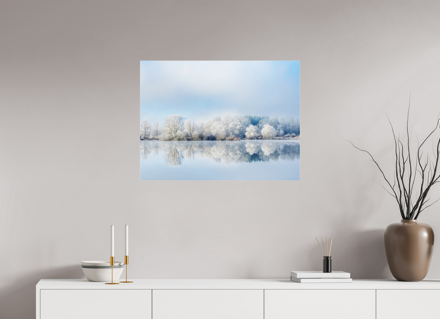 80 x 60 cm, Tirage couleur sur support solide en aluminium, recouvert d’une protection transparente (plexiglas). Miroir, si beau miroir Photographie paysage d’hiver serein en couleur