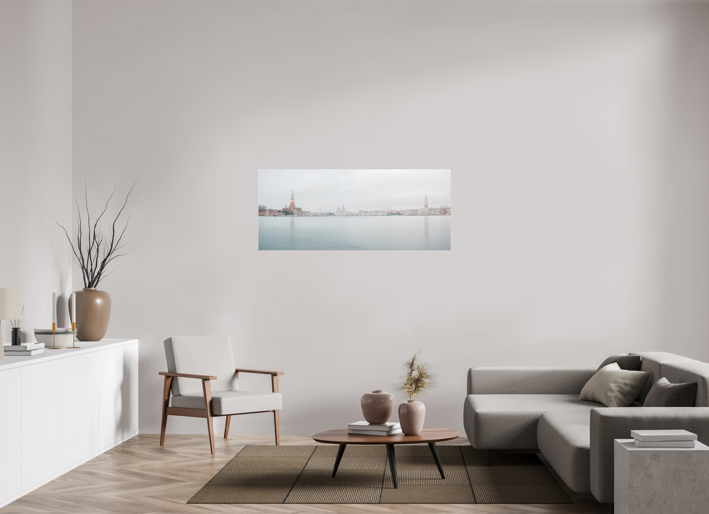142,5 x 60 cm, Tirage couleur sur support solide en aluminium, recouvert d’une protection transparente (plexiglas). Venise au lever du jour – Panorama de San Giorgio Maggiore et Santa Maria della Salute