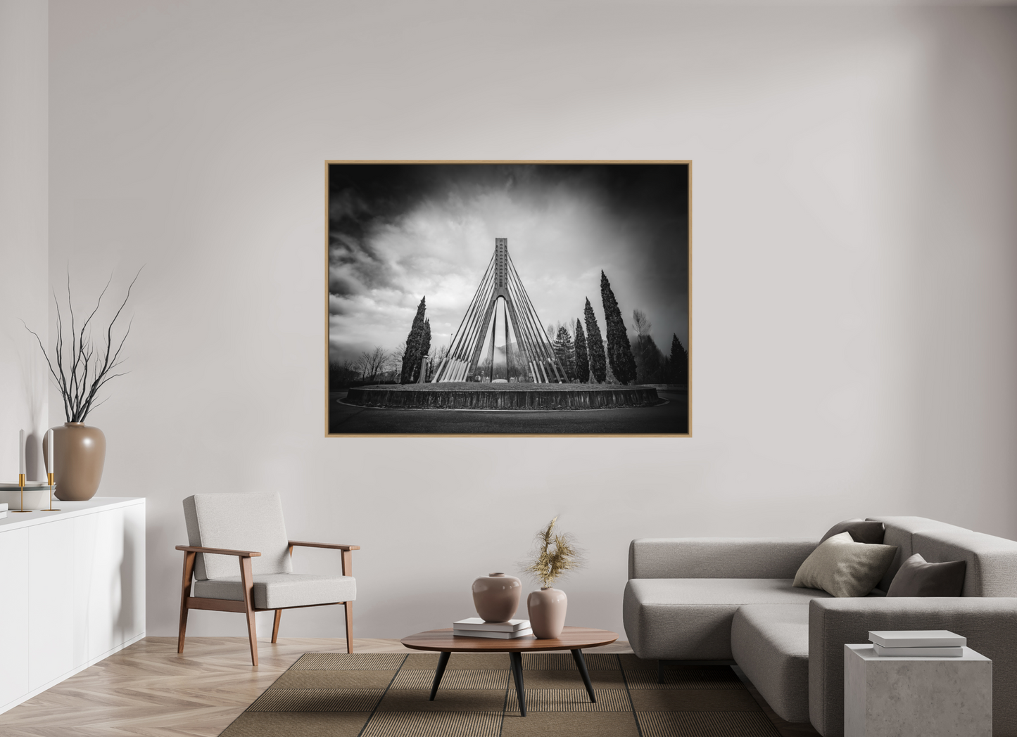 180 x 135 cm, Impression sur support rigide (Forex) avec cadre élégant type “caisse américaine” Verticalité Photographie d'architecture fine art en noir et blanc