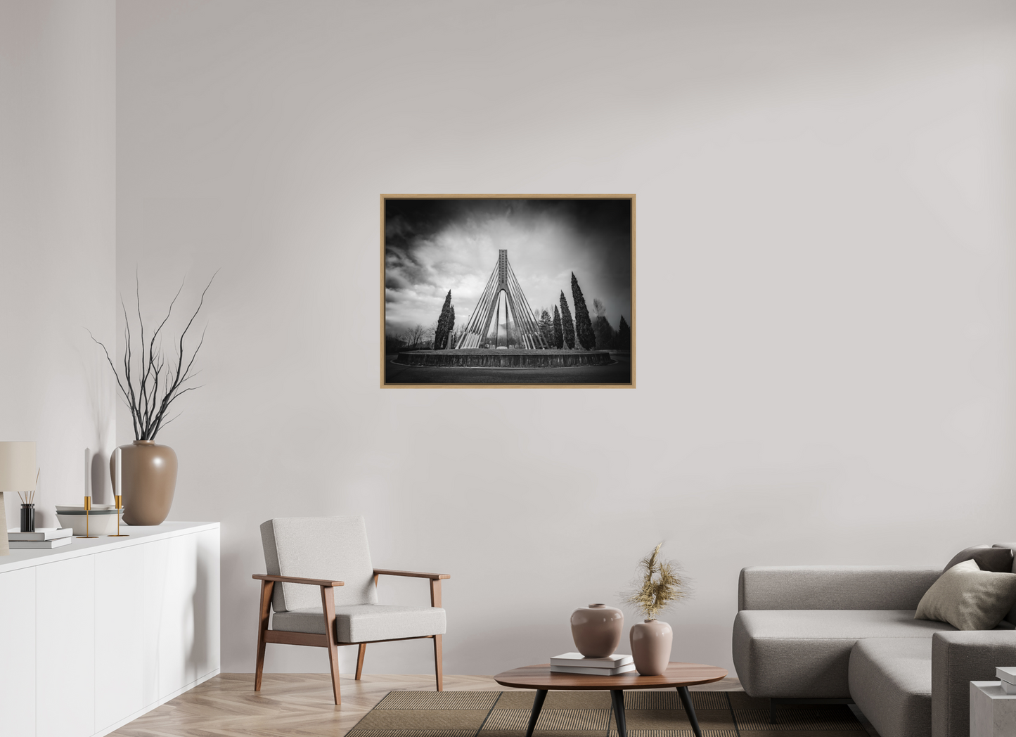 100 x 75 cm, Impression sur support rigide (Forex) avec cadre élégant type “caisse américaine” Verticalité Photographie d'architecture fine art en noir et blanc
