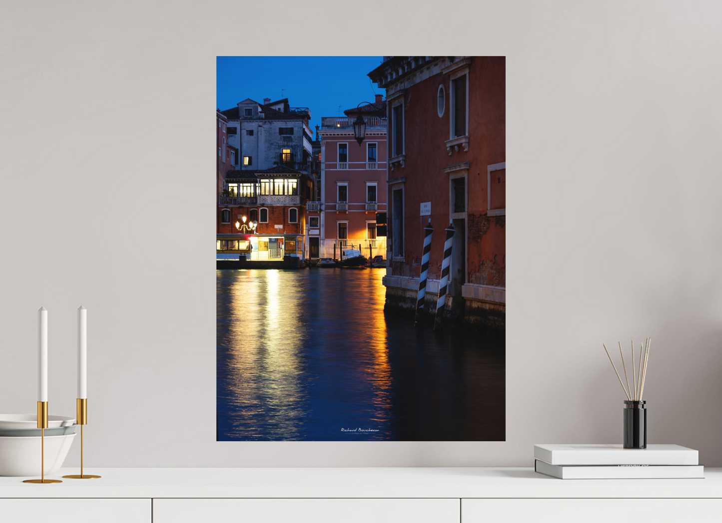 45 x 60 cm, Impression directe couleur ou noir et blanc sur plaque d'aluminium (Solidité-Durabilité) Venise de Nuit : Ambiance Poétique sur les Canaux Illuminés