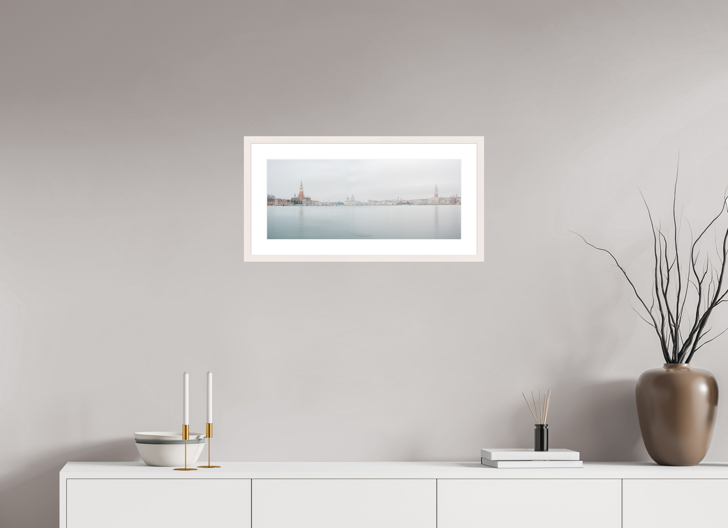 59,4 x 25 cm, Tirage Fine Art 30×40 cm — Passe-partout — Cadre Venise au lever du jour – Panorama de San Giorgio Maggiore et Santa Maria della Salute