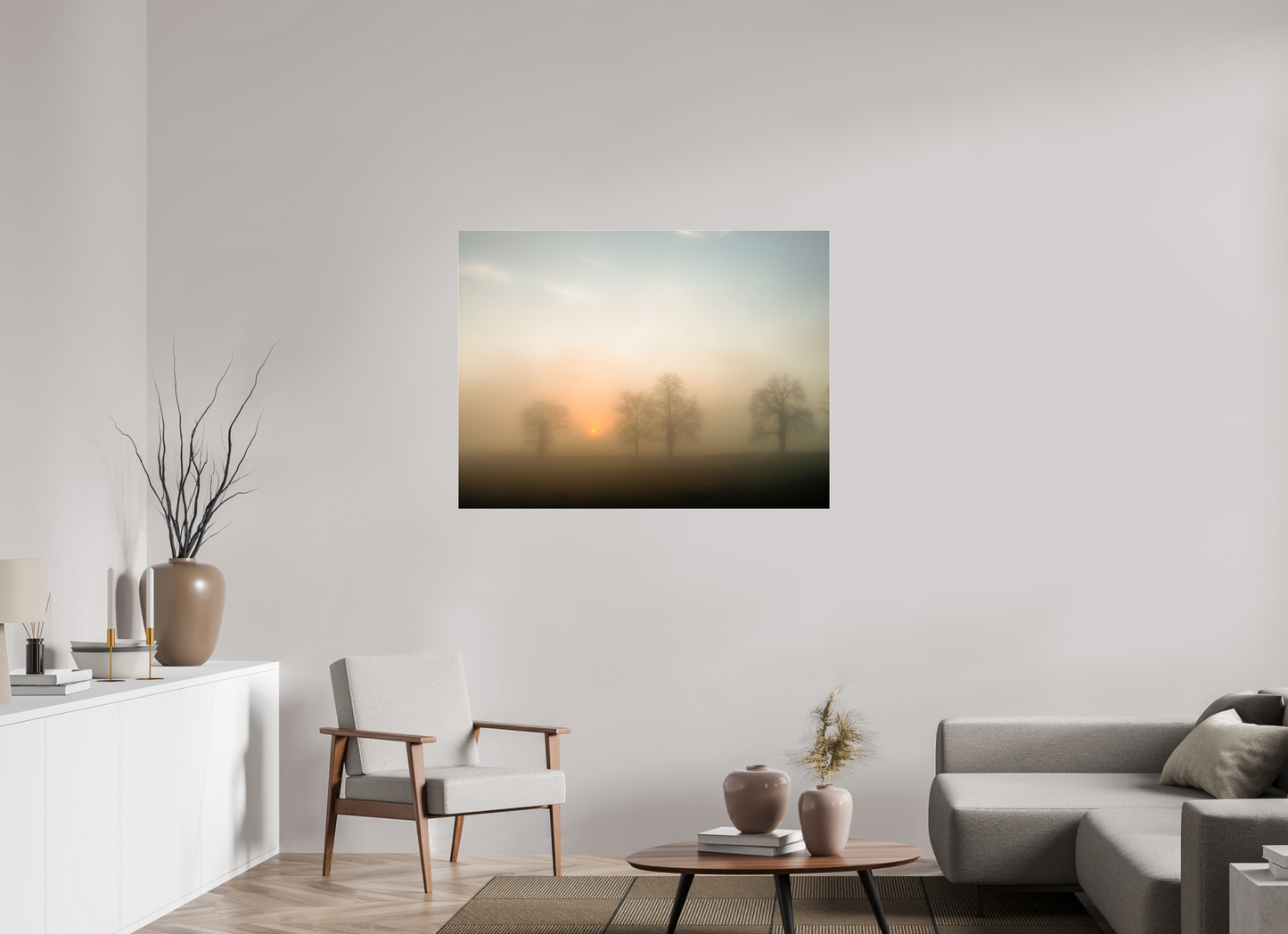 120 x 90 cm, Tirage couleur sur support solide en aluminium, recouvert d’une protection transparente (plexiglas). Brume dorée au lever du soleil
