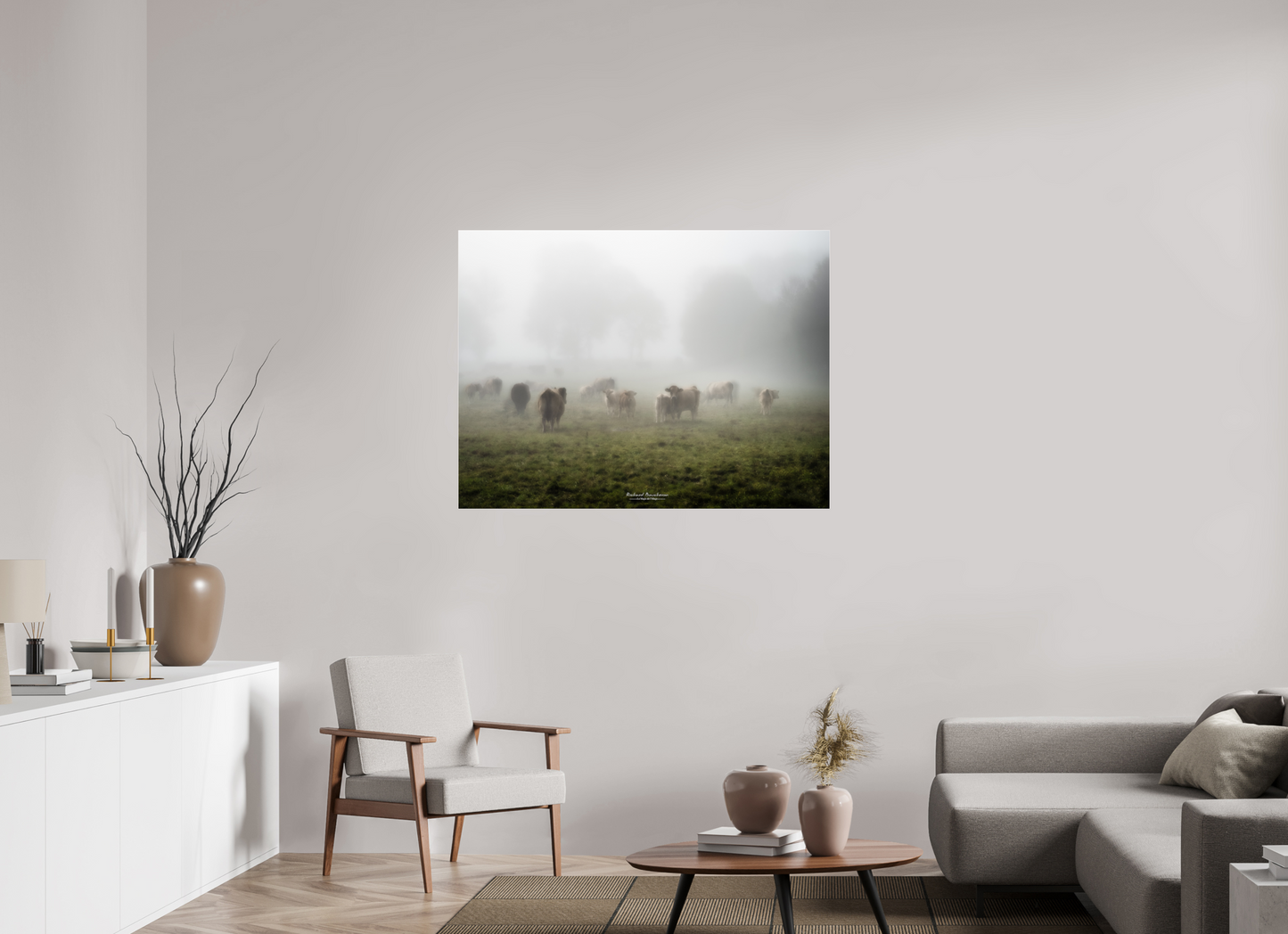 120 x 90 cm, Tirage couleur sur support solide en aluminium, recouvert d’une protection transparente (plexiglas). Brume Matinale et Troupeau Paisible | Tirage Photo Fine Art