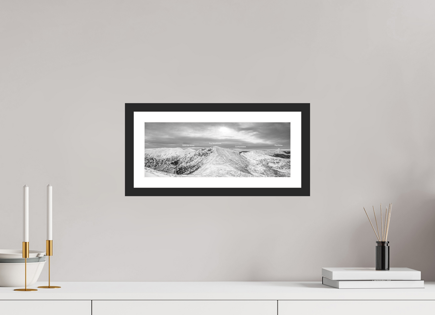 38,3 x 15 cm, 4- Tirage noir et blanc papier baryté + p.p + cadre Mountains #3 - Hiver #3