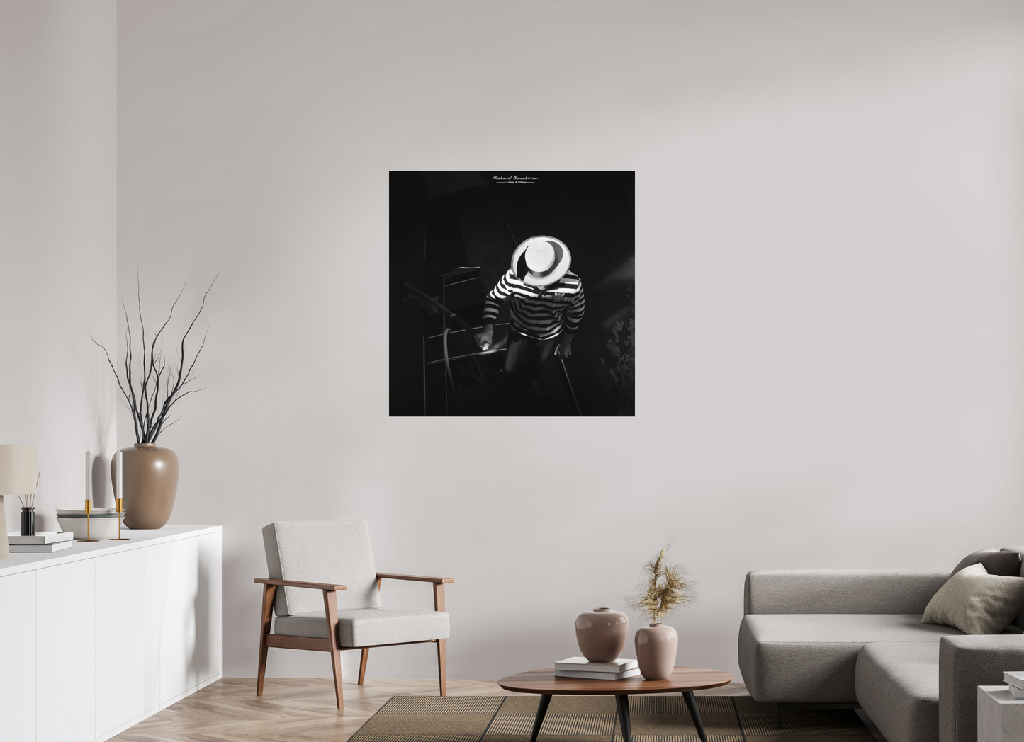 100 x 100 cm, Impression directe couleur ou noir et blanc sur plaque d'aluminium (Solidité-Durabilité) Jeu d’ombres sur un gondolier