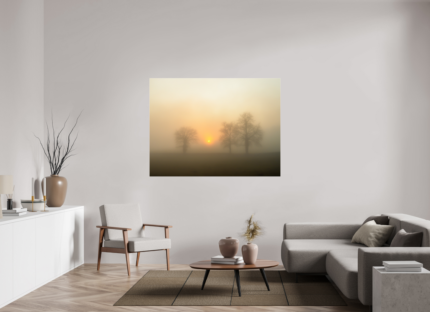 160 x 120 cm, Tirage couleur sur support solide en aluminium, recouvert d’une protection transparente (plexiglas). Brume dorée au lever du soleil – Trois arbres dans la lumière