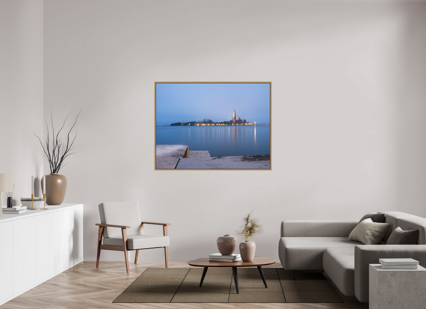 140 x 105 cm, Impression sur support rigide (Forex) avec cadre élégant type “caisse américaine” San Giorgio Maggiore à la pointe du jour