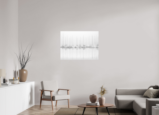 100 x 75 cm, Impression directe couleur ou noir et blanc sur plaque d'aluminium (Solidité-Durabilité) Voiliers au port par temps de brume – Photo atmosphérique