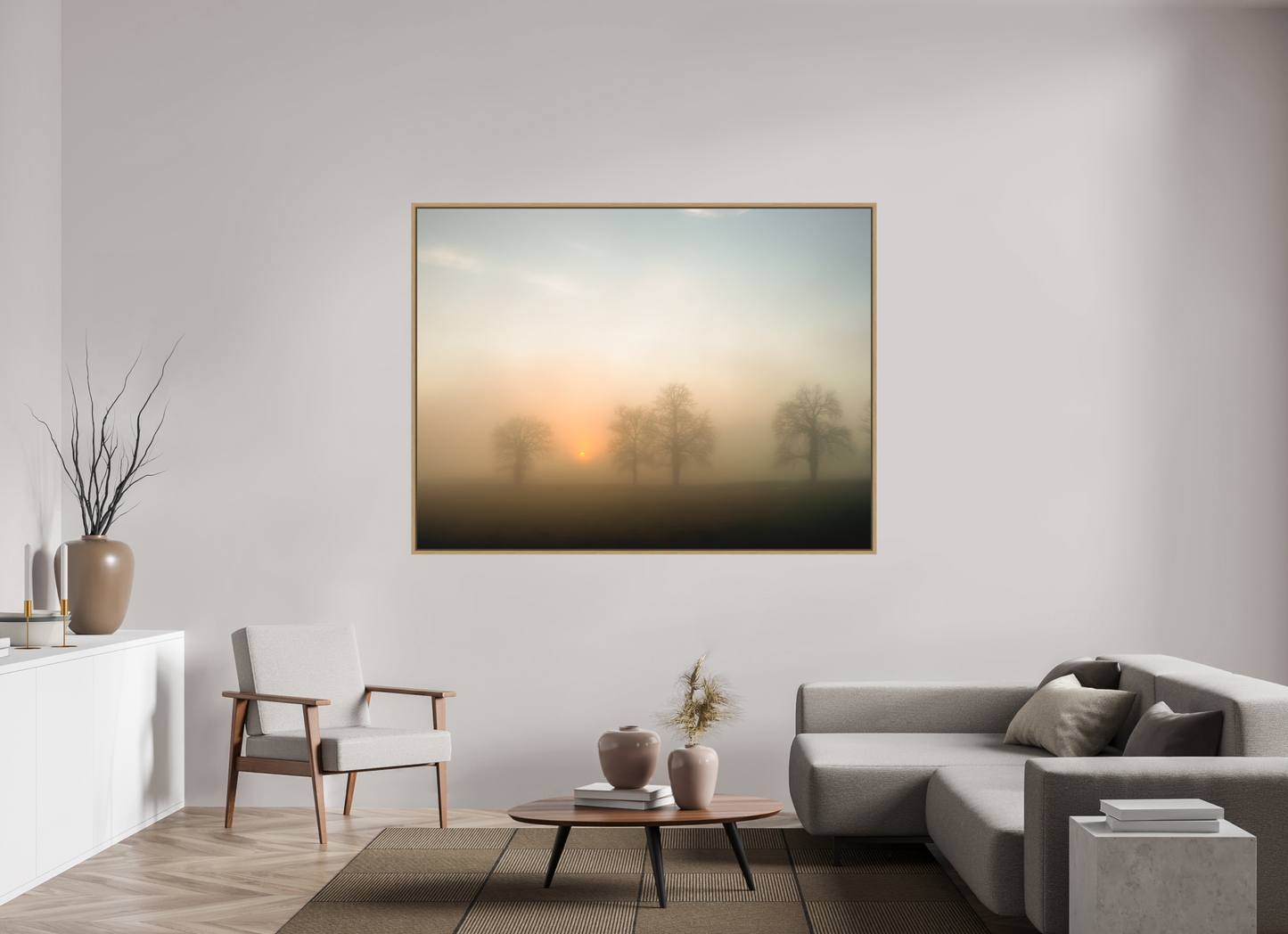 180 x 135 cm, Impression sur support rigide (Forex) avec cadre élégant type “caisse américaine” Brume dorée au lever du soleil