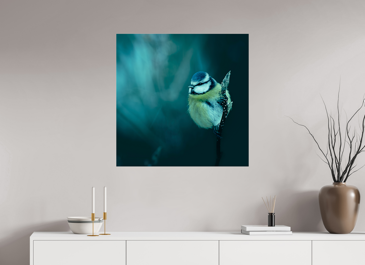 80 x 80 cm, Tirage couleur sur support solide en aluminium, recouvert d’une protection transparente (plexiglas). La belle bleue