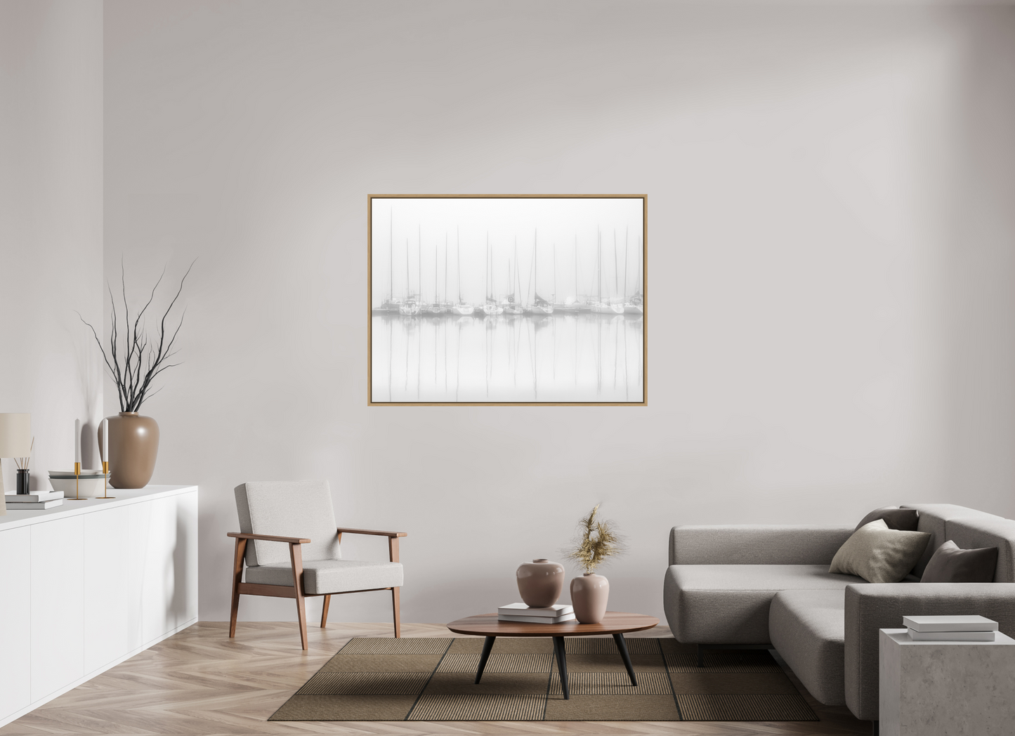 140 x 105 cm, Impression sur support rigide (Forex) avec cadre élégant type “caisse américaine” Voiliers au port par temps de brume – Photo atmosphérique