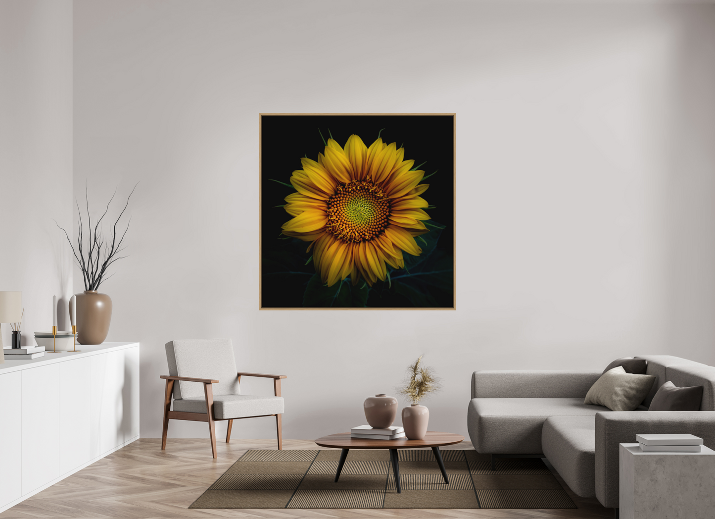 140 x 140 cm, Impression sur support rigide (Forex) avec cadre élégant type “caisse américaine” Coeur de tournesol