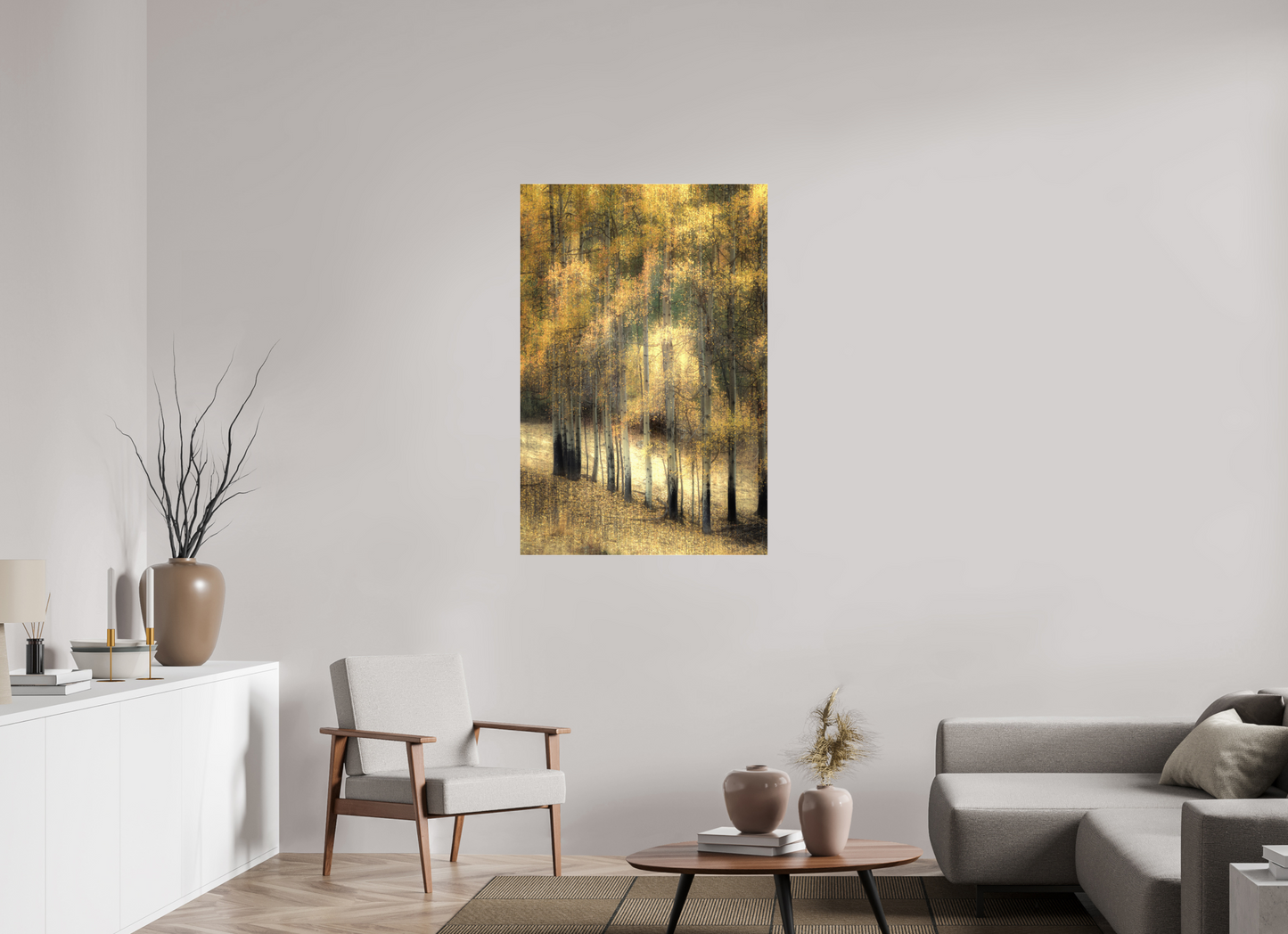 80 x 120 cm, Tirage couleur sur support solide en aluminium, recouvert d’une protection transparente (plexiglas). Bouleaux d'automne
