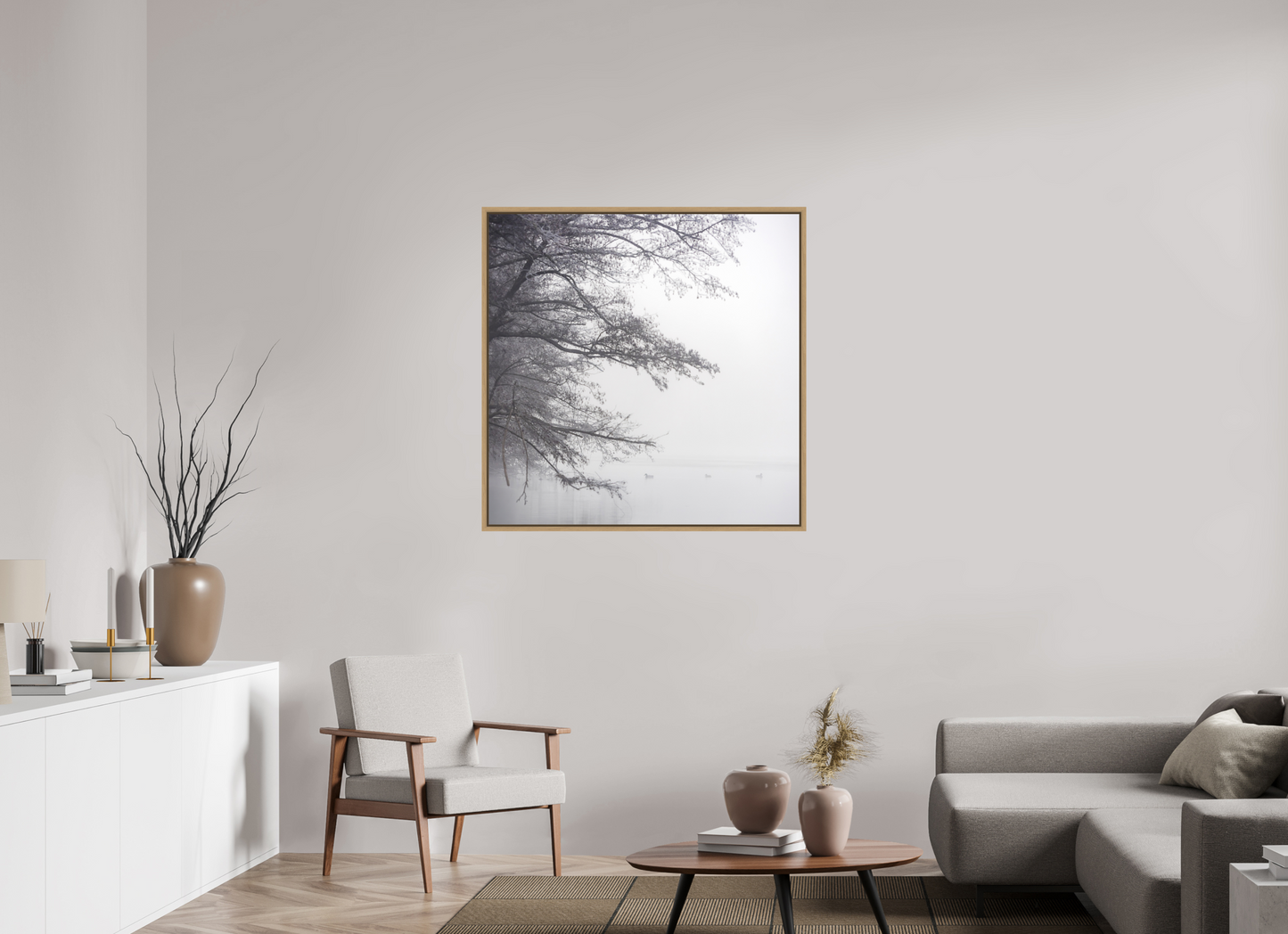100 x 100 cm, Impression sur support rigide (Forex) avec cadre élégant type “caisse américaine” Au petit matin, dans la brume | Photographie paysage hivernal minimaliste noir et blanc