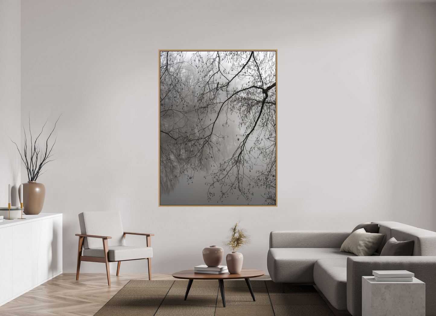 135 x 180 cm, Impression sur support rigide (Forex) avec cadre élégant type “caisse américaine” Tirage photo minimaliste de branches dans la brume