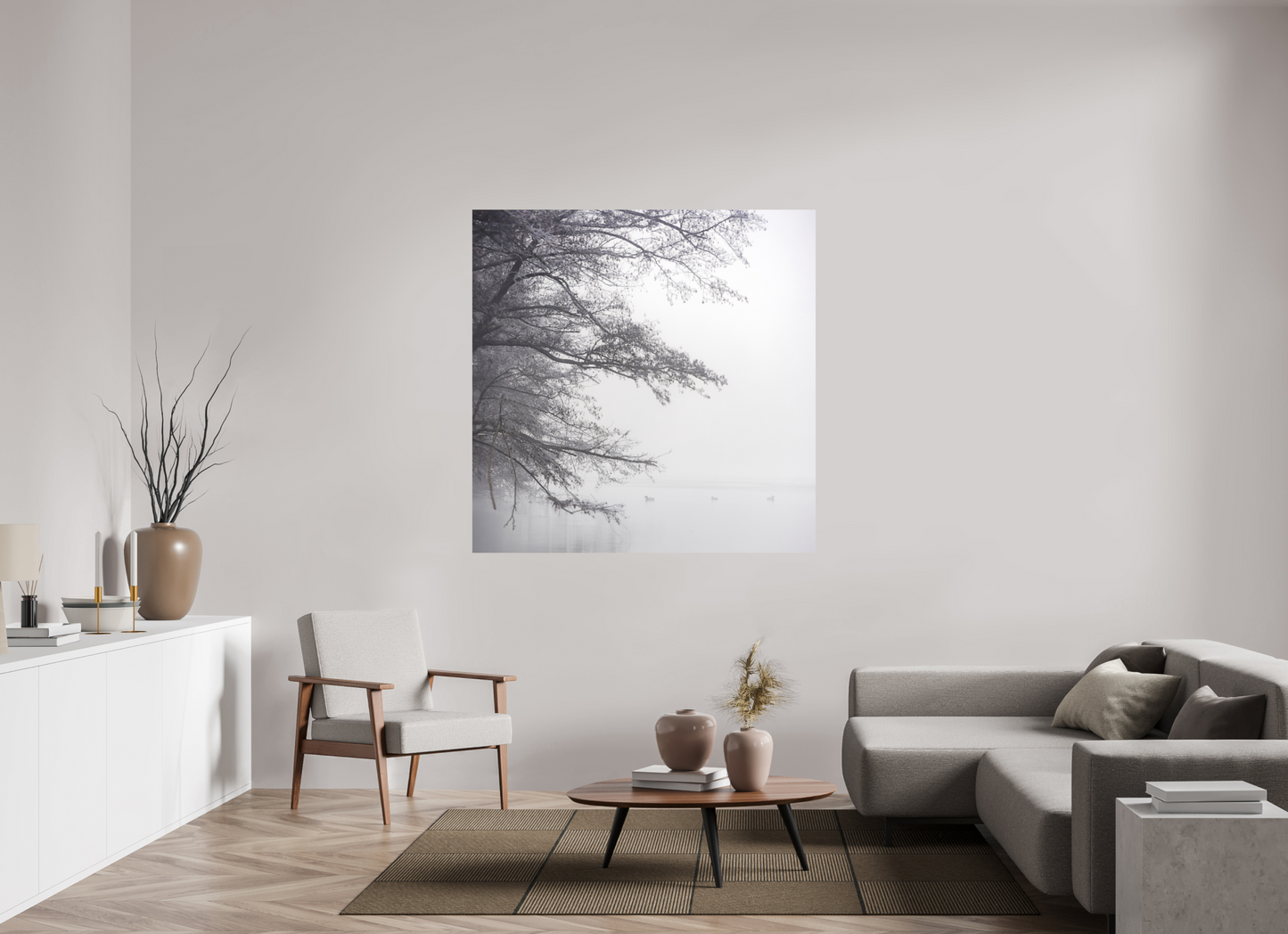 140 x 140 cm, Impression directe couleur ou noir et blanc sur plaque d'aluminium (Solidité-Durabilité) Au petit matin, dans la brume | Photographie paysage hivernal minimaliste noir et blanc