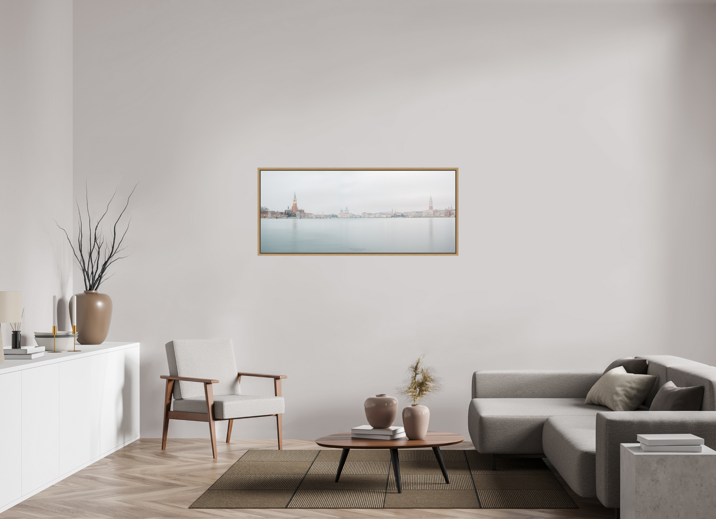 142,5 x 60 cm, Impression sur support rigide (Forex) avec cadre élégant type “caisse américaine” Venise au lever du jour – Panorama de San Giorgio Maggiore et Santa Maria della Salute