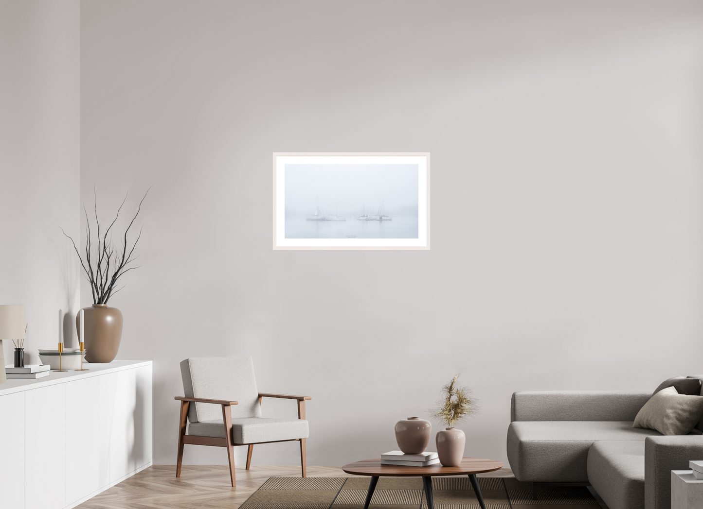 80 x 45 cm, Tirage Fine Art 30×40 cm — Passe-partout — Cadre Mâts et brume – paysage marin apaisant
