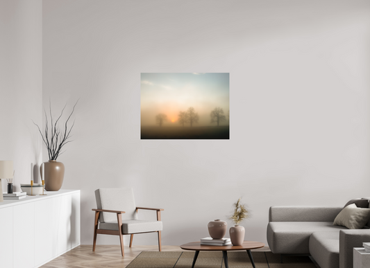 100 x 75 cm, Impression directe couleur ou noir et blanc sur plaque d'aluminium (Solidité-Durabilité) Brume dorée au lever du soleil