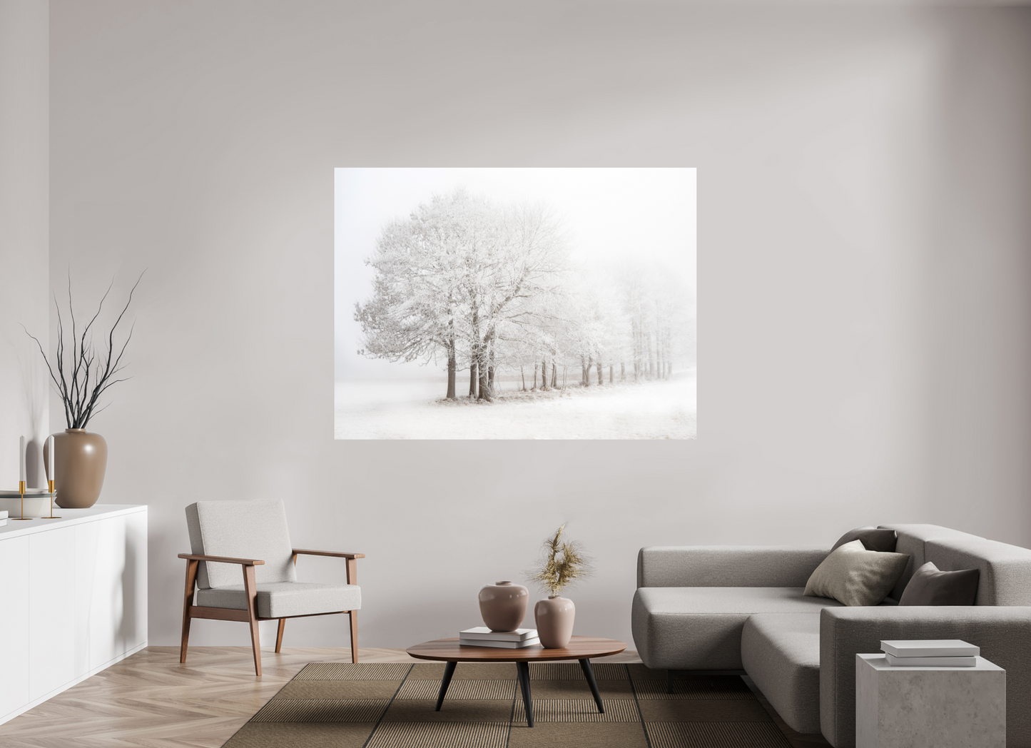 180 x 135 cm, Impression directe couleur ou noir et blanc sur plaque d'aluminium (Solidité-Durabilité) Arbres givrés dans un paysage enneigé et brumeux