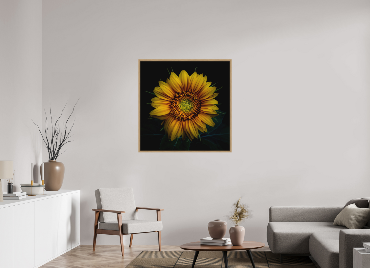 100 x 100 cm, Impression sur support rigide (Forex) avec cadre élégant type “caisse américaine” Coeur de tournesol