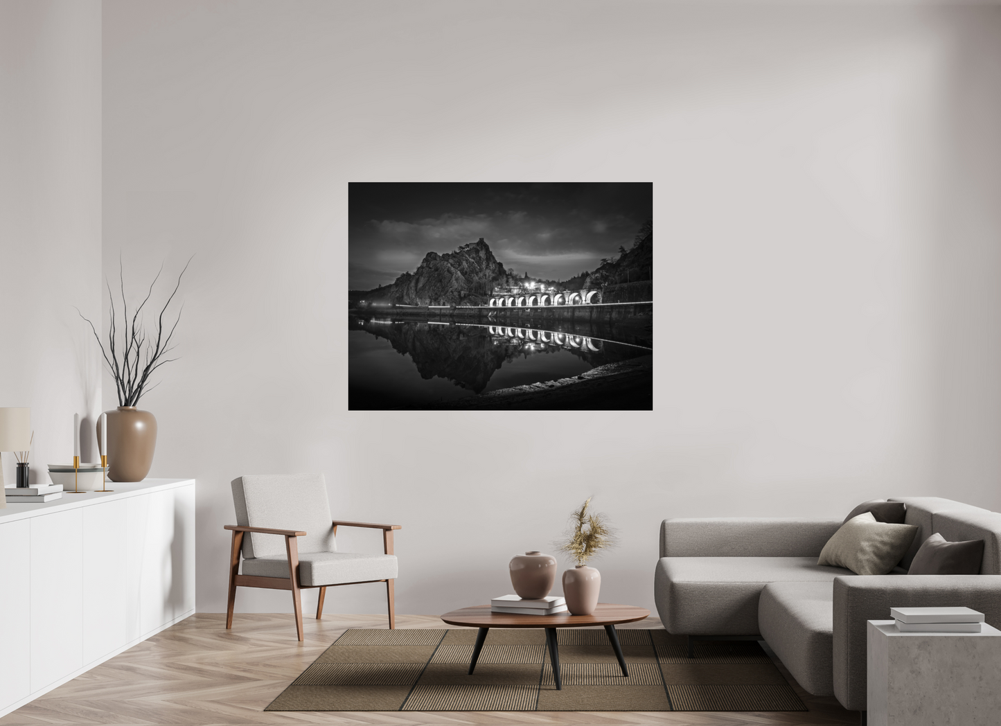 160 x 120 cm, Tirage noir et blanc sur plaque alu, avec une protection en plexiglass (durabilité-profondeur) A la nuit tombante | Photographie paysage architectural nocturne artistique en noir et blanc